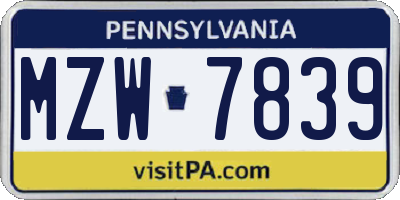 PA license plate MZW7839