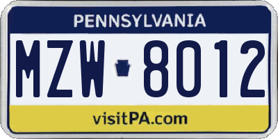 PA license plate MZW8012