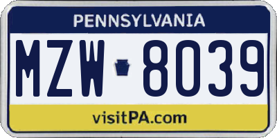 PA license plate MZW8039