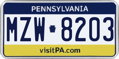 PA license plate MZW8203