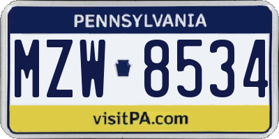 PA license plate MZW8534