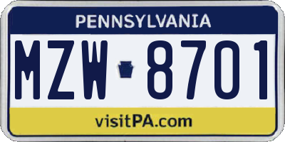 PA license plate MZW8701