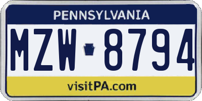 PA license plate MZW8794