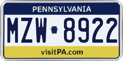 PA license plate MZW8922