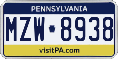 PA license plate MZW8938