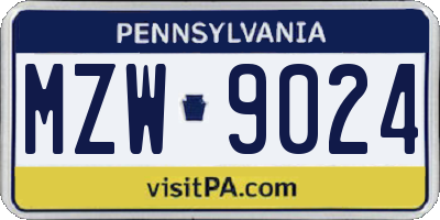 PA license plate MZW9024