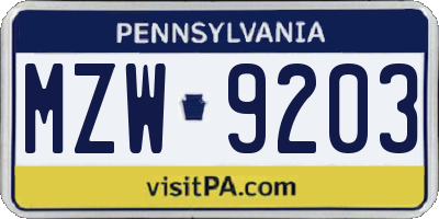 PA license plate MZW9203