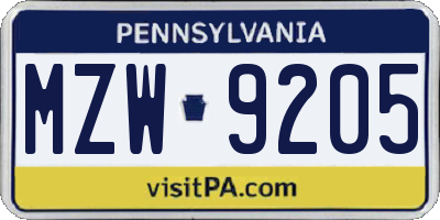 PA license plate MZW9205