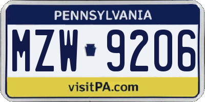 PA license plate MZW9206