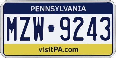 PA license plate MZW9243