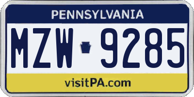 PA license plate MZW9285
