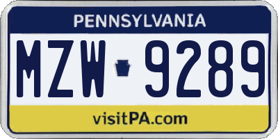 PA license plate MZW9289