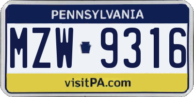 PA license plate MZW9316