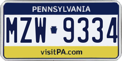 PA license plate MZW9334