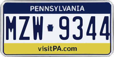 PA license plate MZW9344