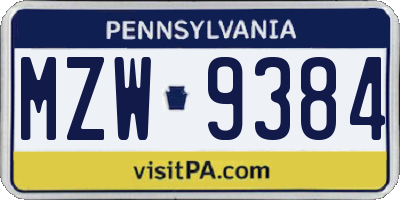 PA license plate MZW9384