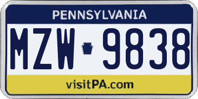PA license plate MZW9838