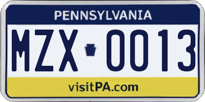 PA license plate MZX0013