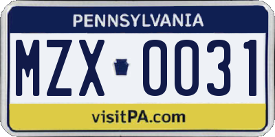 PA license plate MZX0031