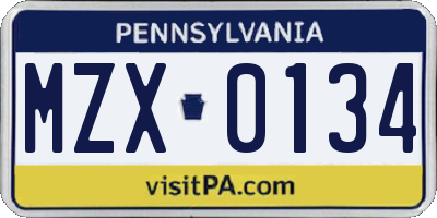 PA license plate MZX0134