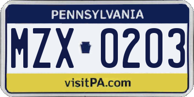 PA license plate MZX0203