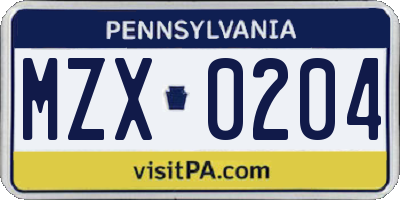 PA license plate MZX0204