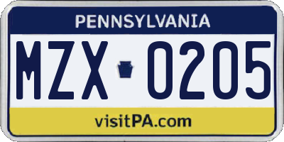 PA license plate MZX0205