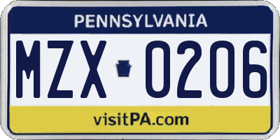 PA license plate MZX0206