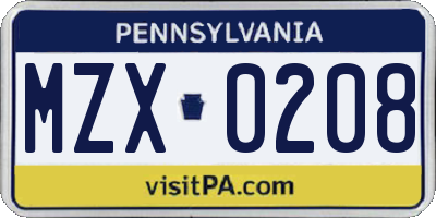 PA license plate MZX0208