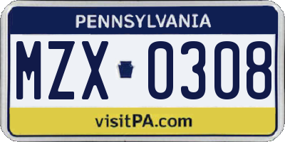 PA license plate MZX0308