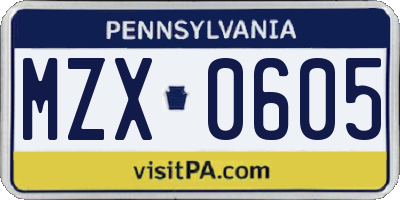 PA license plate MZX0605