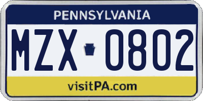 PA license plate MZX0802