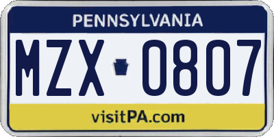 PA license plate MZX0807