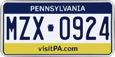 PA license plate MZX0924