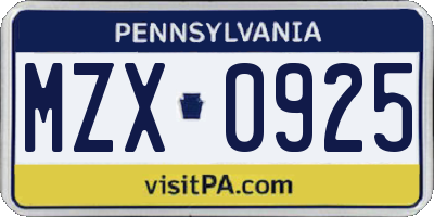 PA license plate MZX0925