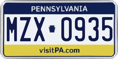 PA license plate MZX0935