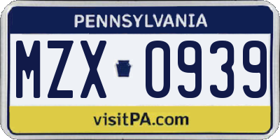 PA license plate MZX0939