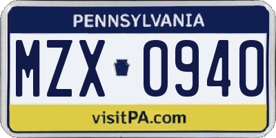 PA license plate MZX0940