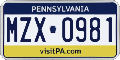 PA license plate MZX0981