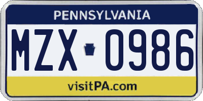 PA license plate MZX0986