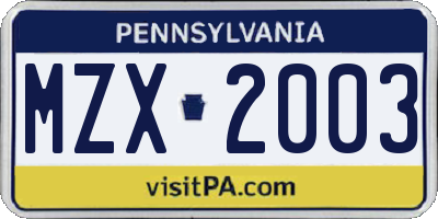 PA license plate MZX2003