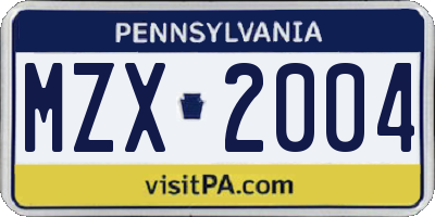 PA license plate MZX2004
