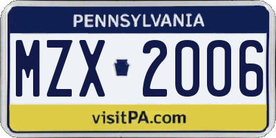 PA license plate MZX2006