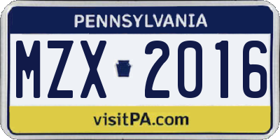 PA license plate MZX2016