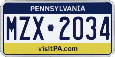 PA license plate MZX2034