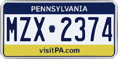 PA license plate MZX2374