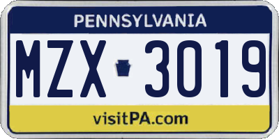 PA license plate MZX3019