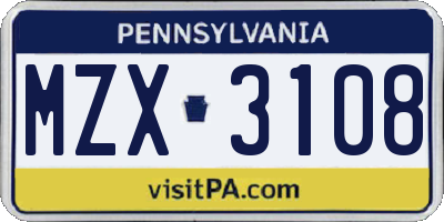 PA license plate MZX3108