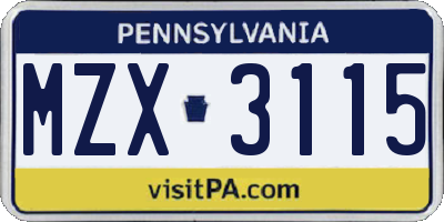 PA license plate MZX3115