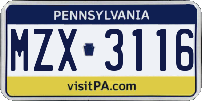 PA license plate MZX3116